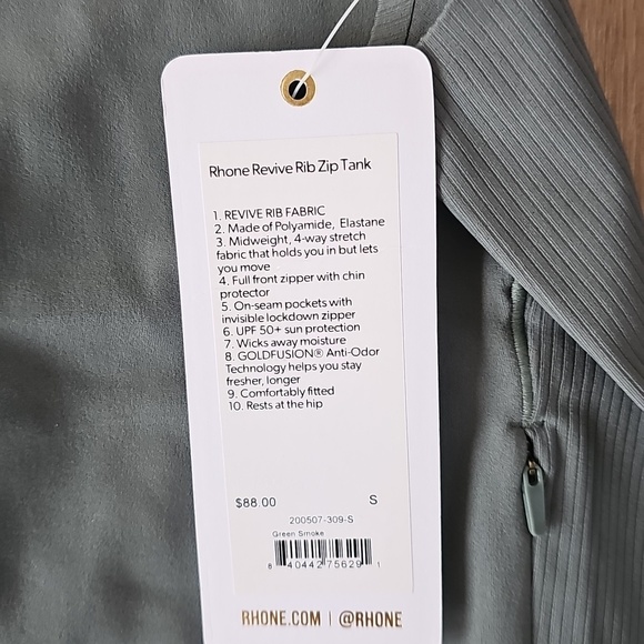RHONE Green Smoke Revive Rib Zip Tank Size Small - Picture 7 of 7